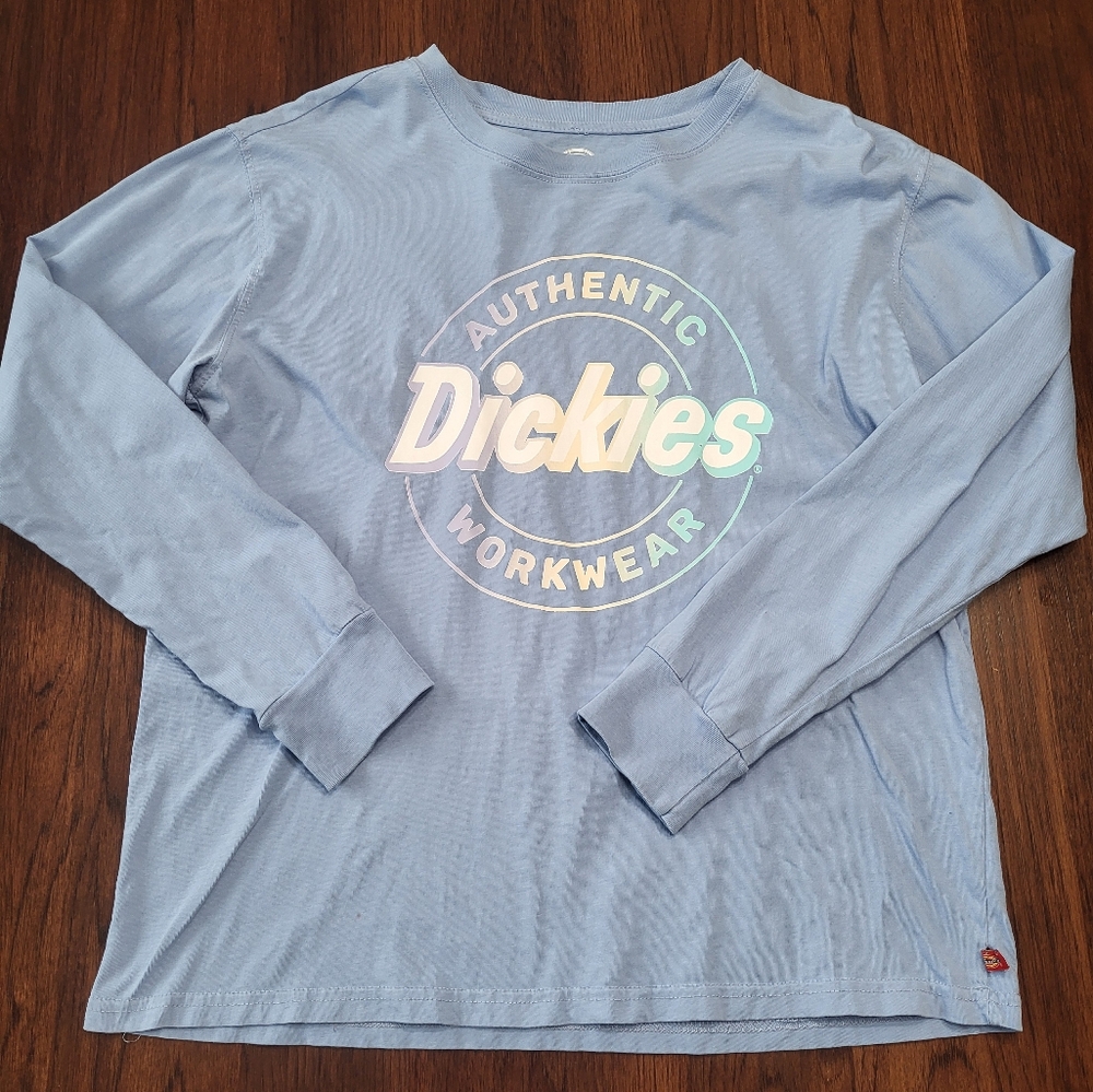 Dickies Women's Large Light Blue Longsleeved Workwear Print Logo Cotton Shirt